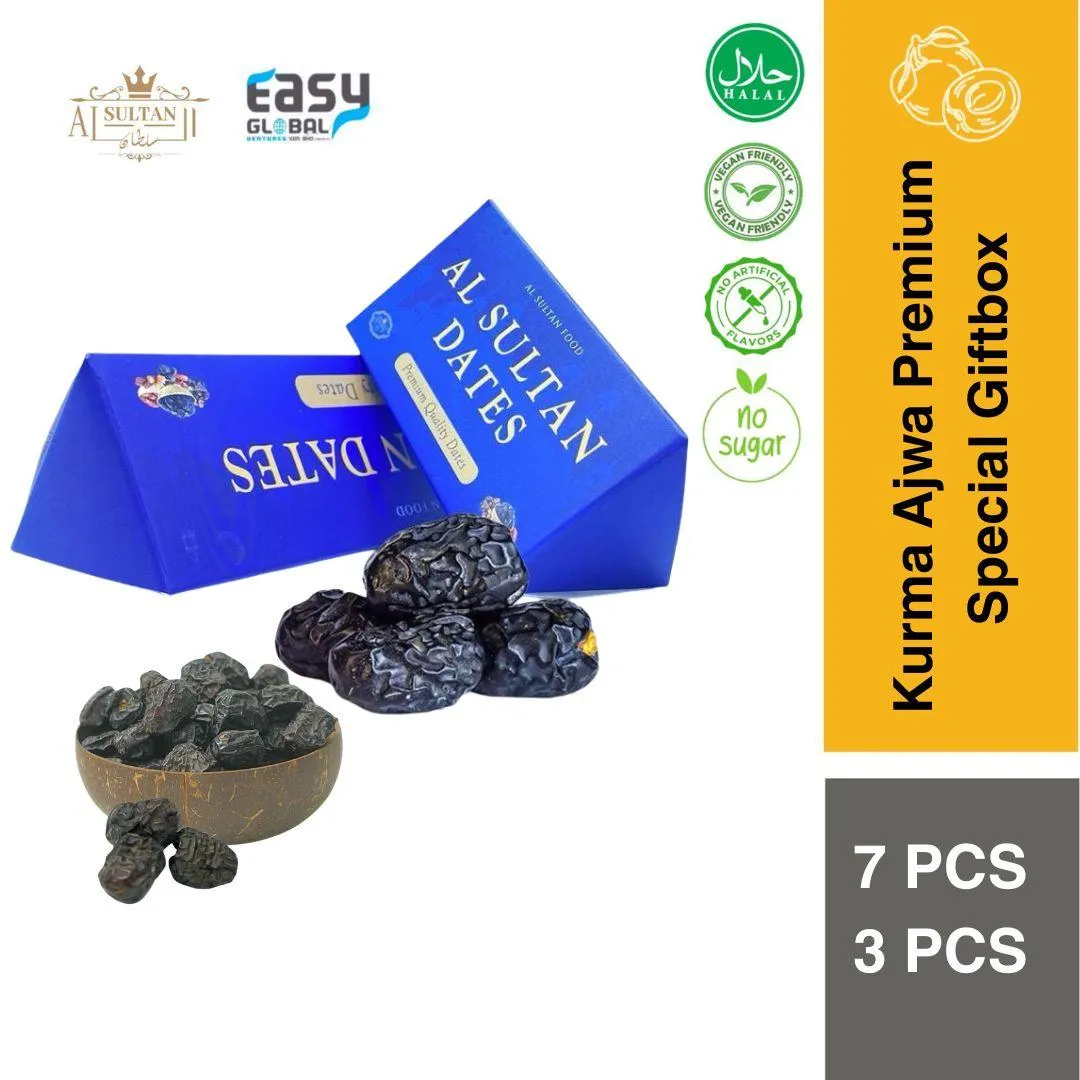 Giftbox Kurma Ajwa biru berbentuk segi tiga dengan kurma Ajwa