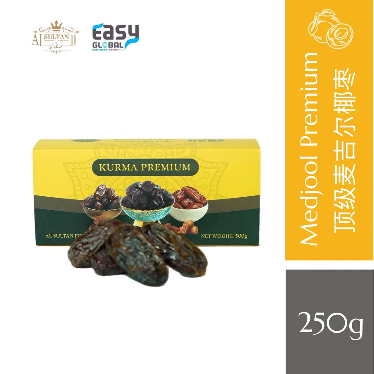 Kurma Medjool premium yang besar di hadapan giftbox