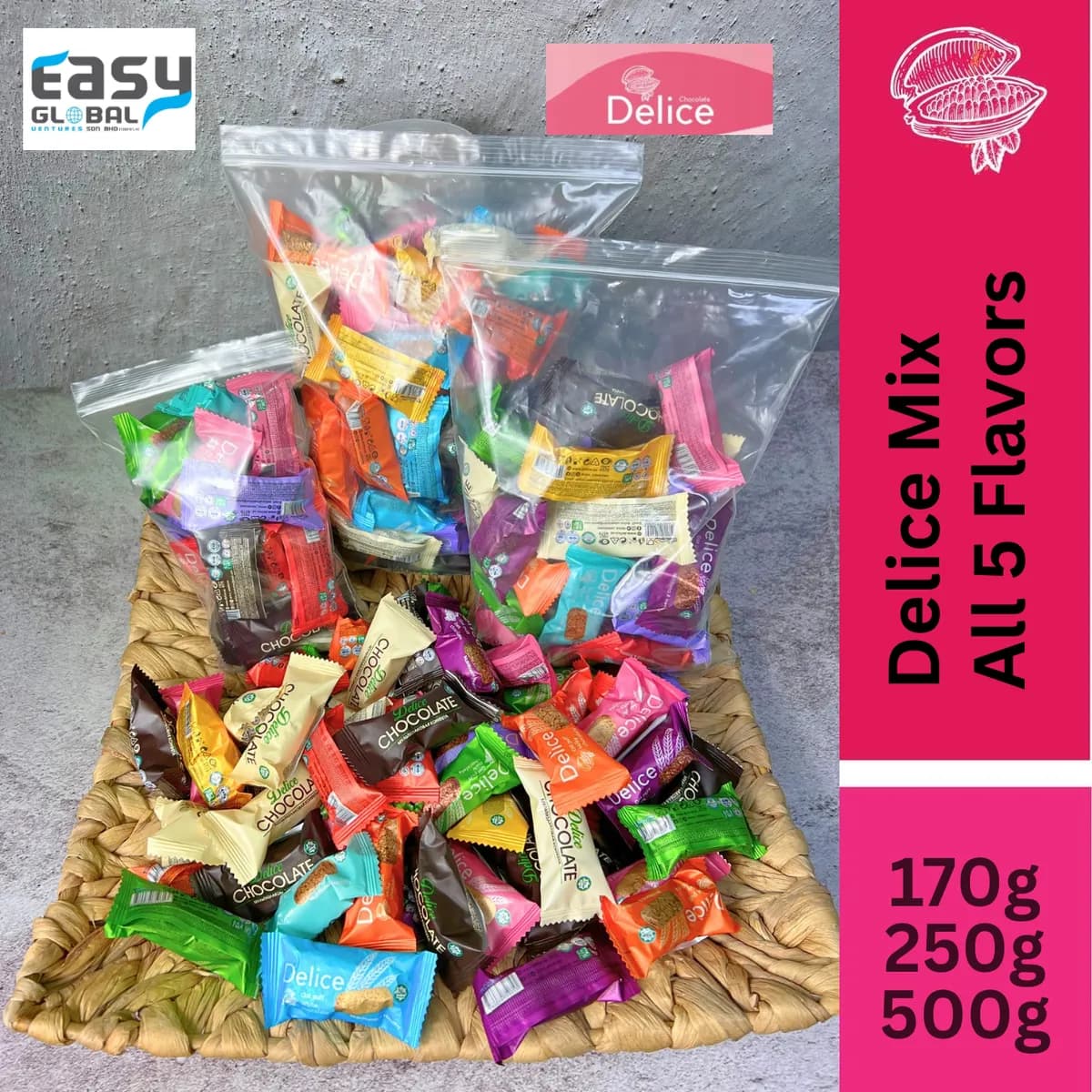 Snek coklat Delice oat puff mini bar pelbagai perisa dalam bakul