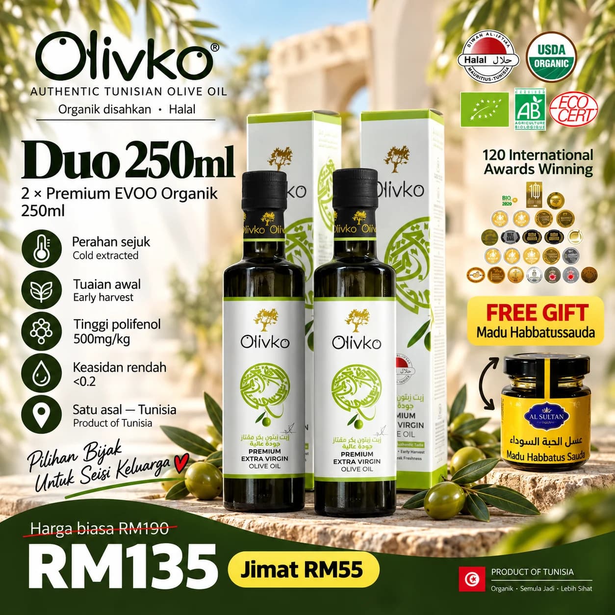 Olivko Duo 250ml — dua botol minyak zaitun extra virgin dari Tunisia
