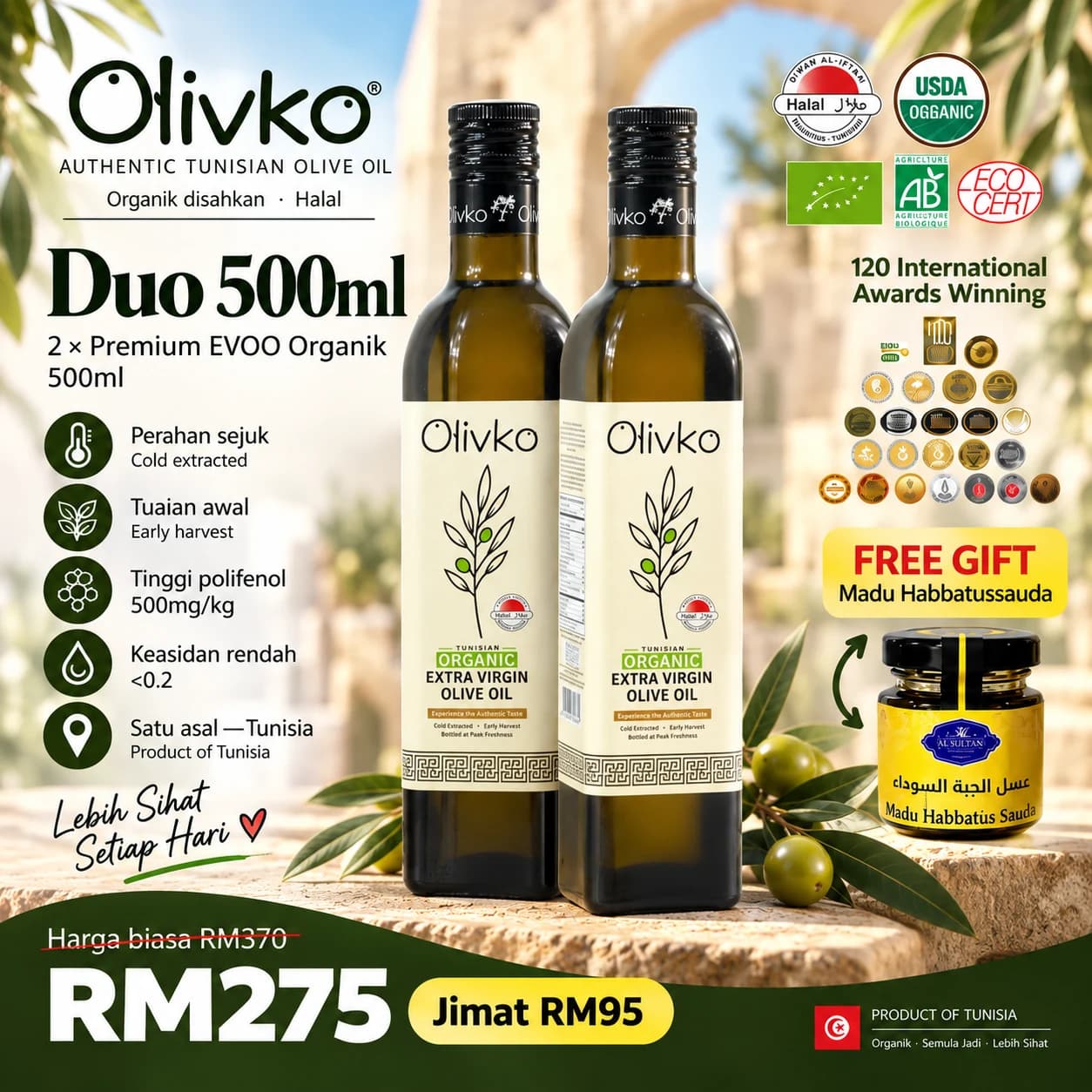 Olivko Duo 500ml – Minyak Zaitun Extra Virgin Organik