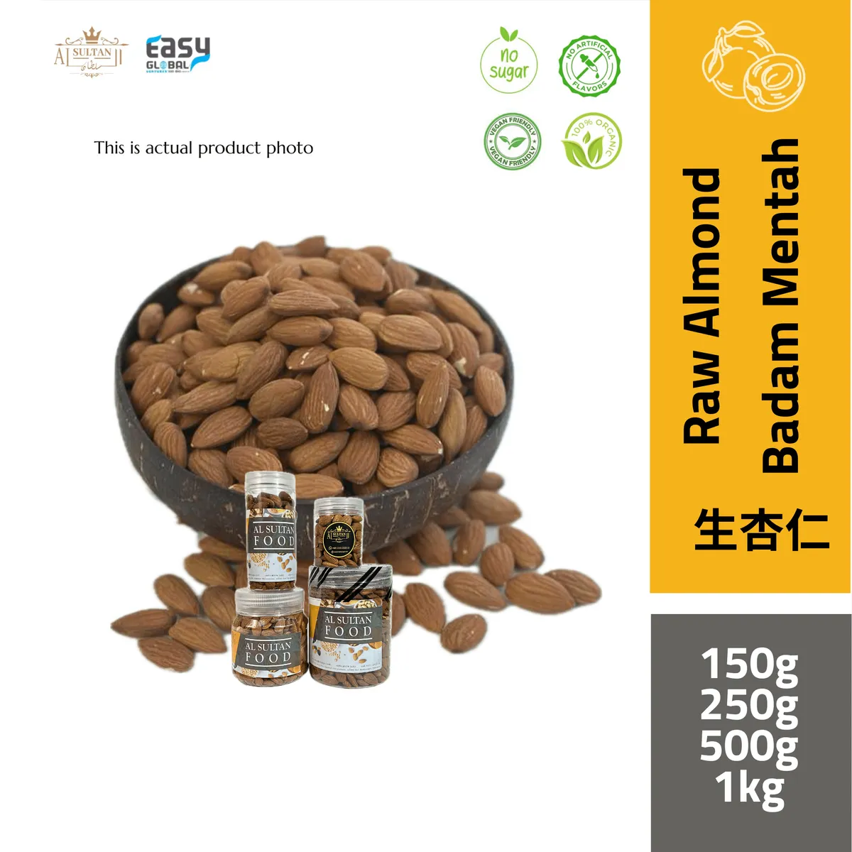 Kacang badam mentah dalam mangkuk tempurung kelapa