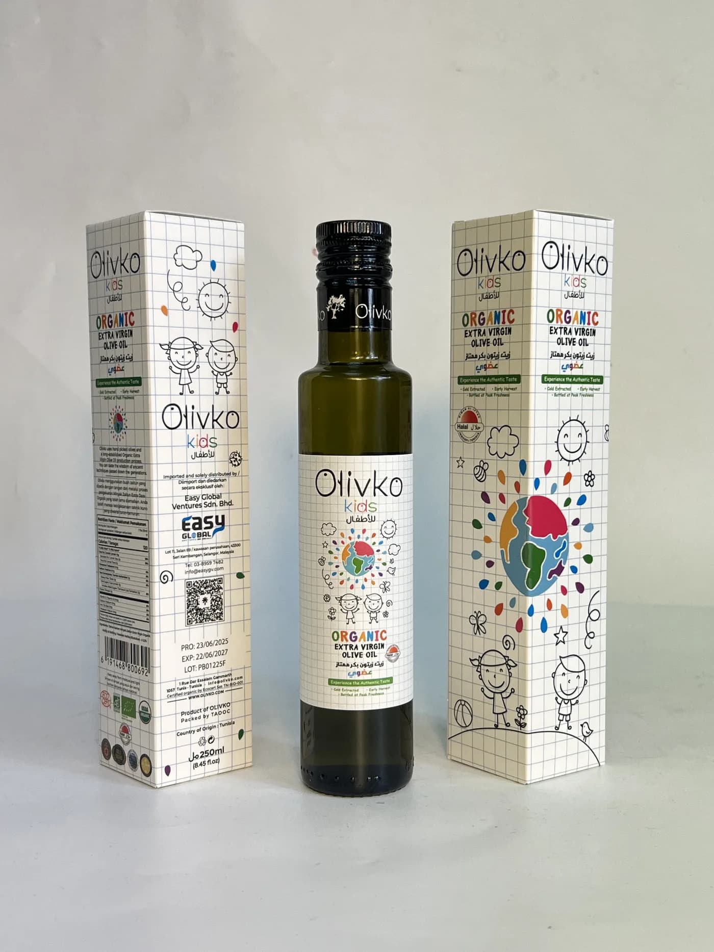 Kotak Olivko Kids 250ml, menunjukkan label depan dan sisi