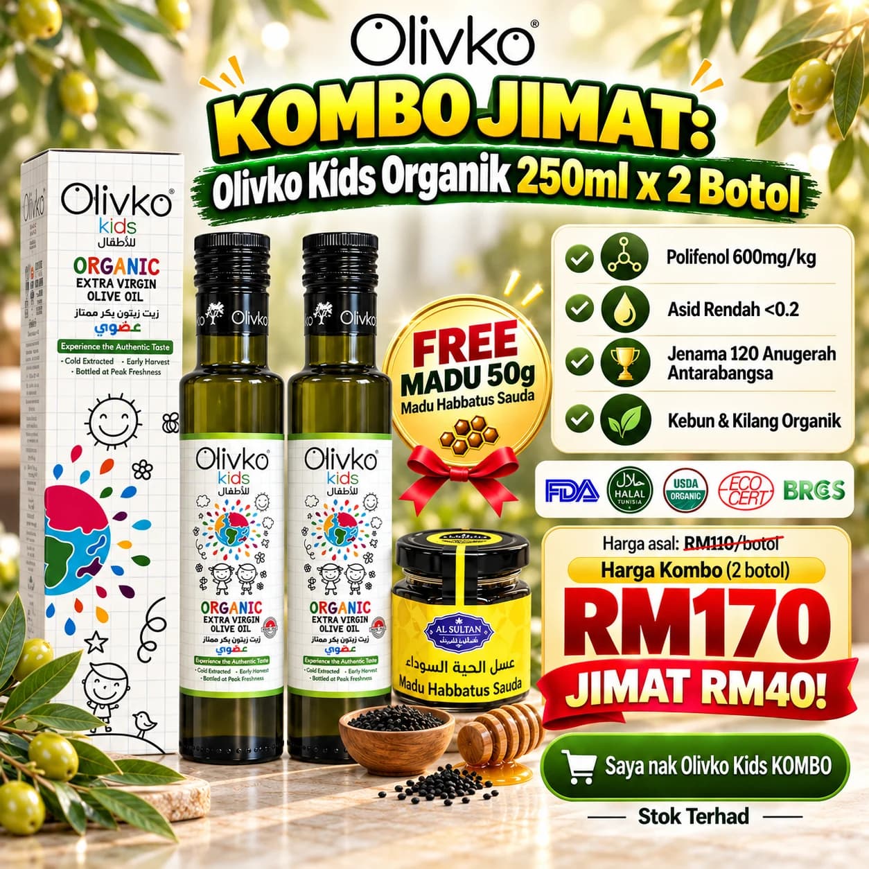 Olivko Kids Duo – 2 × Minyak Zaitun Organik 250ml