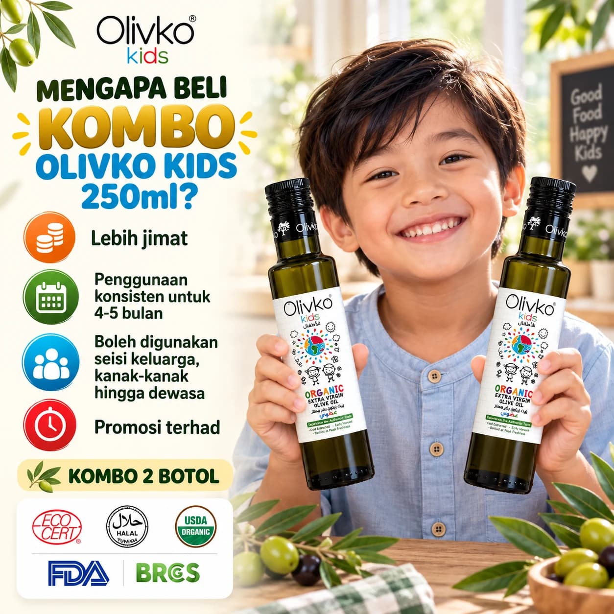 Kanak-kanak memegang dua botol Olivko Kids 250ml