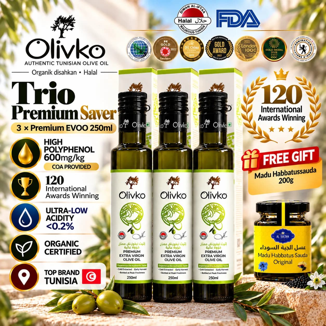Olivko Trio Premium Saver – 3 × Olive Oil 250ml