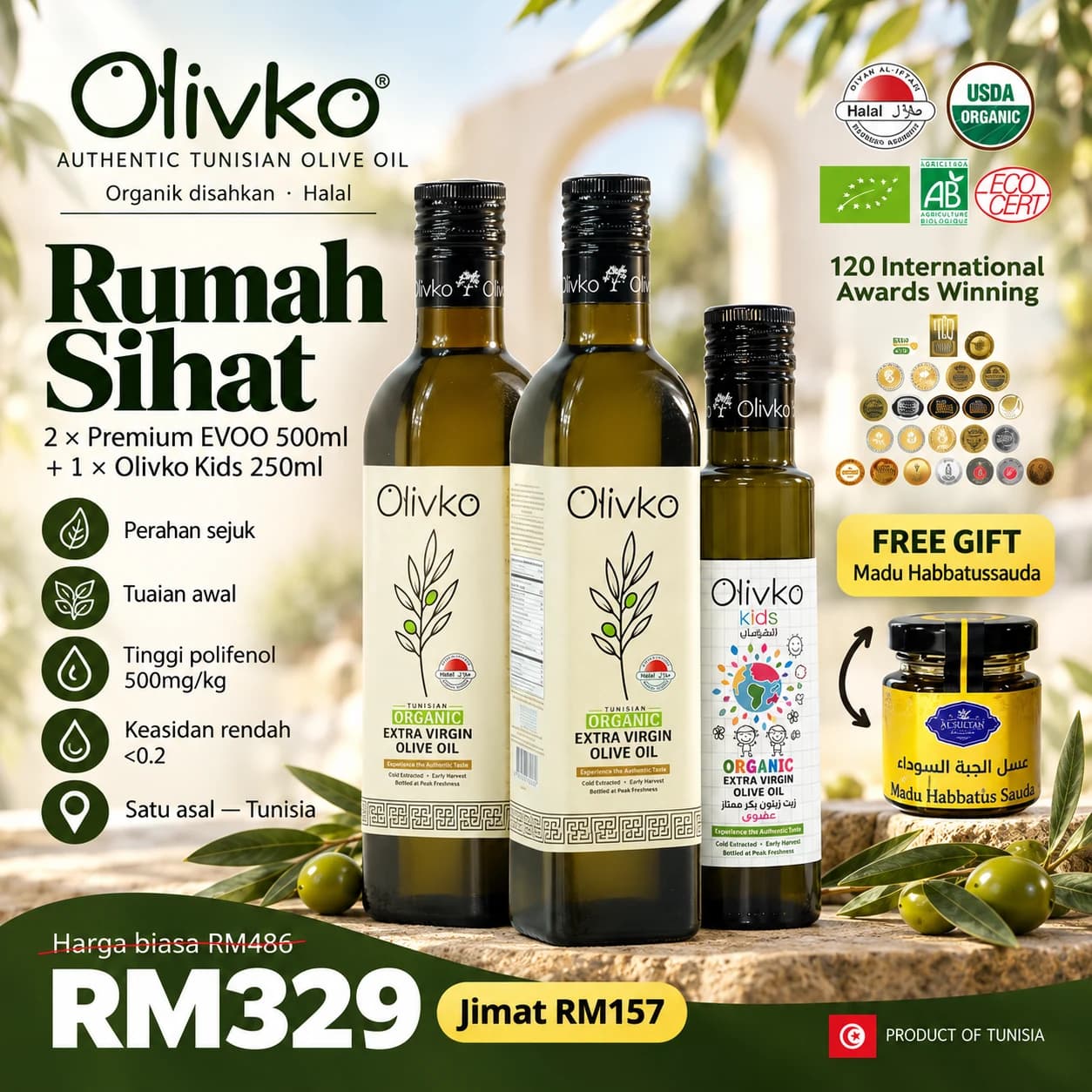 Olivko Rumah Sihat Set — two 500ml extra virgin olive oil bottles and one Olivko Kids 250ml
